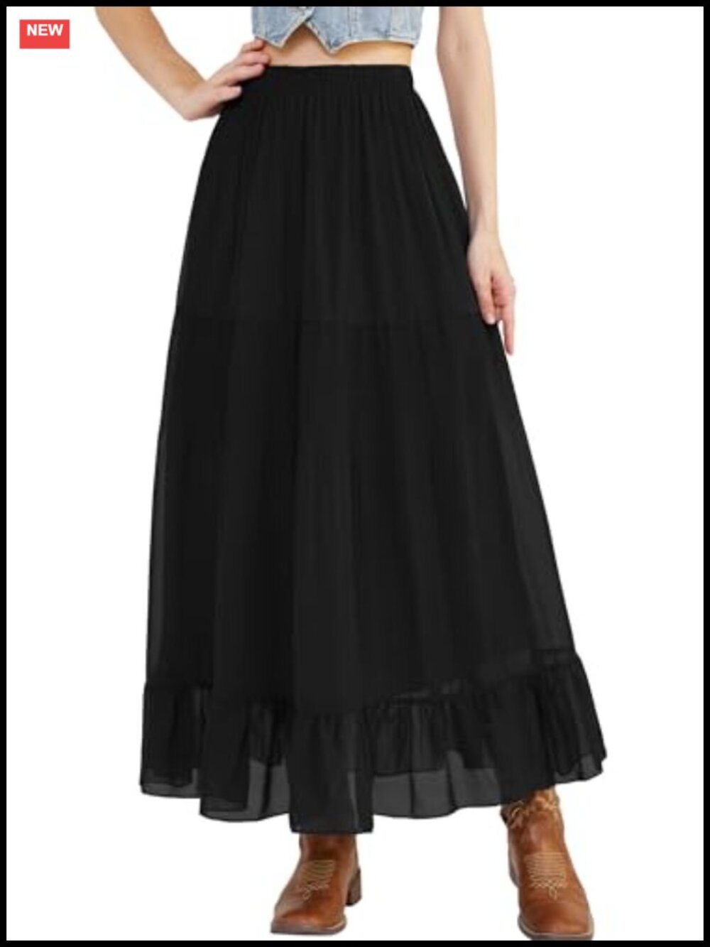 Women's Ruffle Maxi Skirt High-Waist Pleated Long Skirt Chiffon Floral